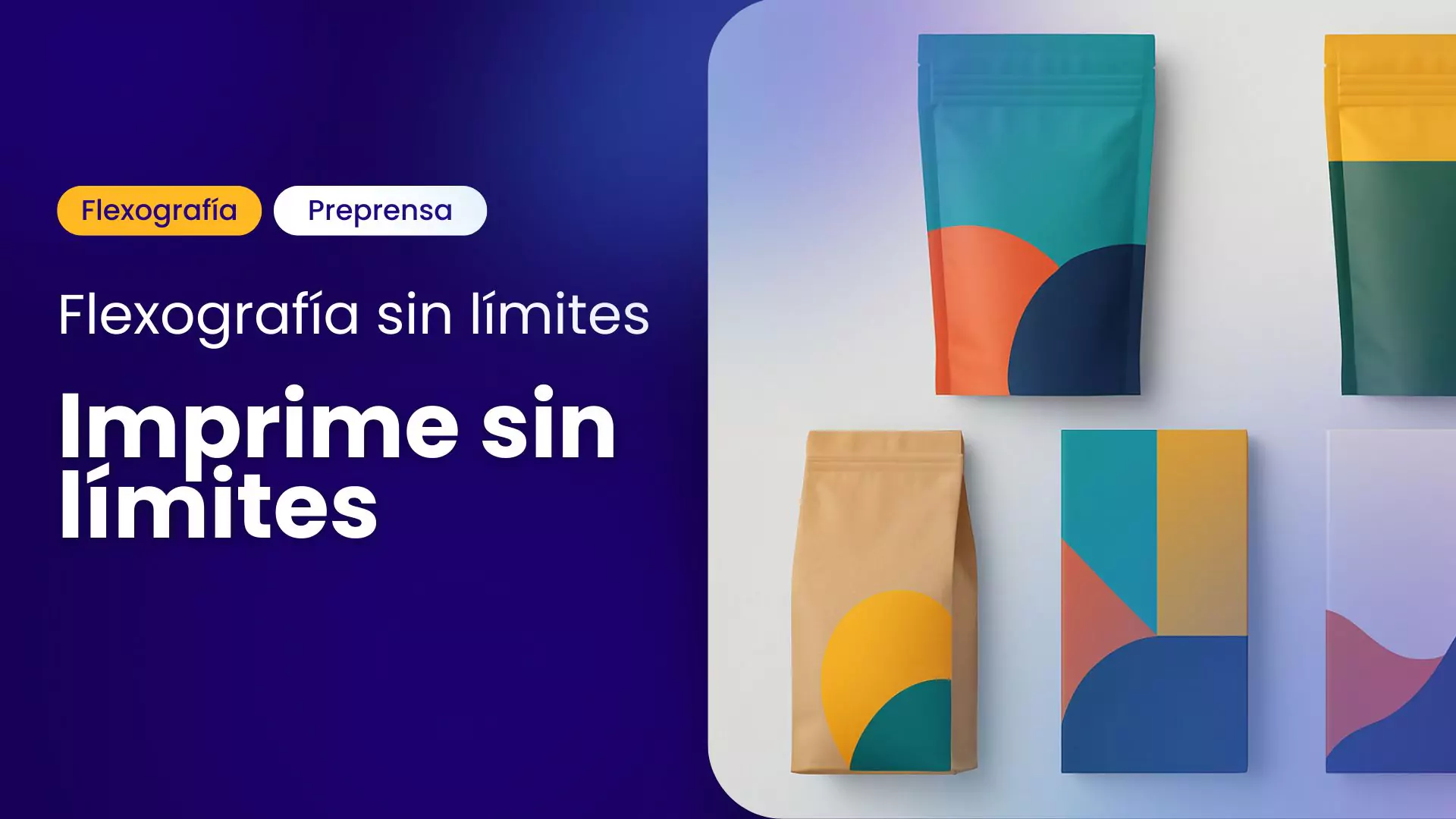 Imagen de seis empaques con diseños geométricos coloridos en bolsas y cajas, con tonos vibrantes como azul, naranja, verde y amarillo.