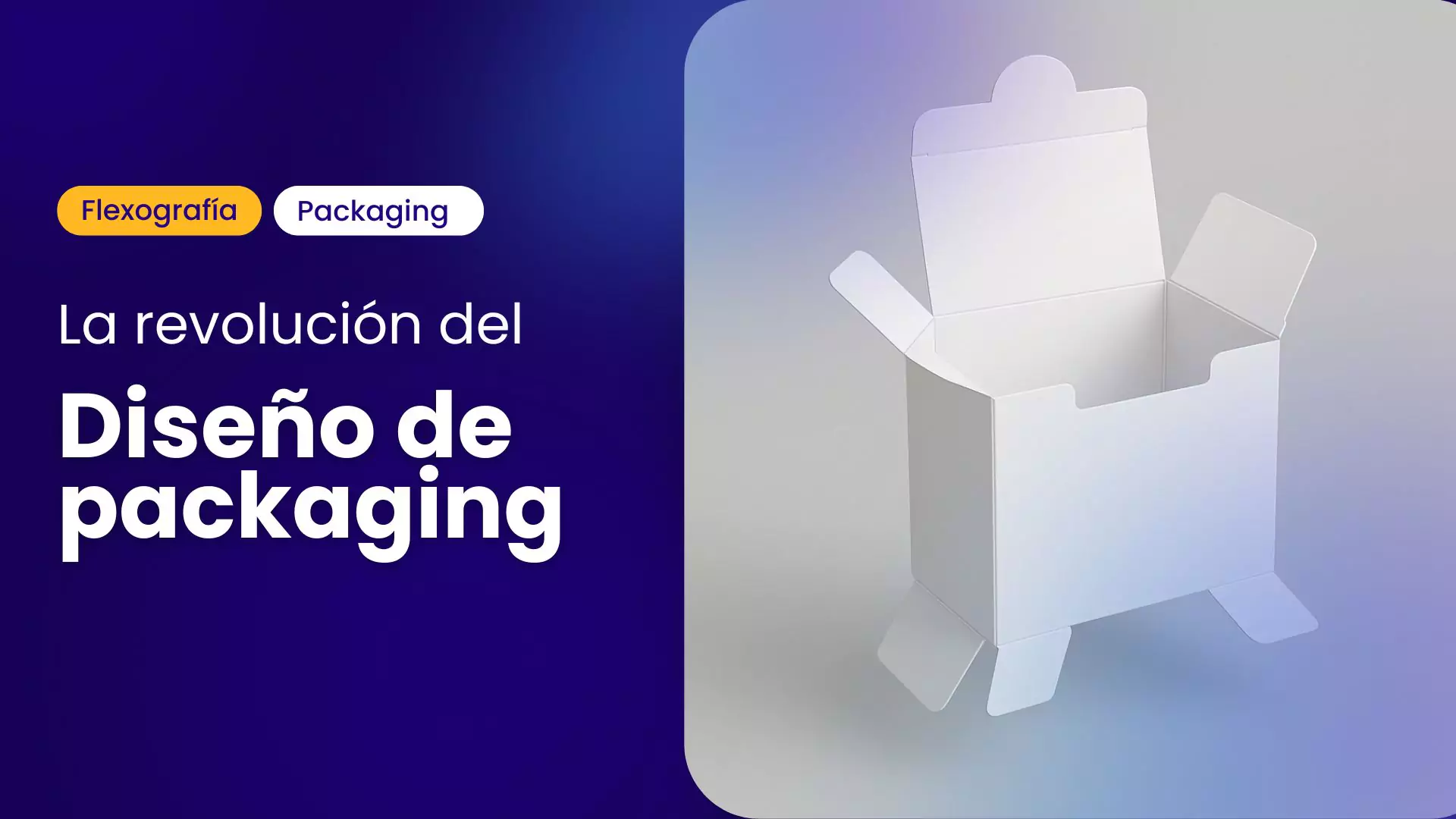 Caja blanca de cartón desplegada sobre fondo degradado, junto a texto sobre diseño de packaging