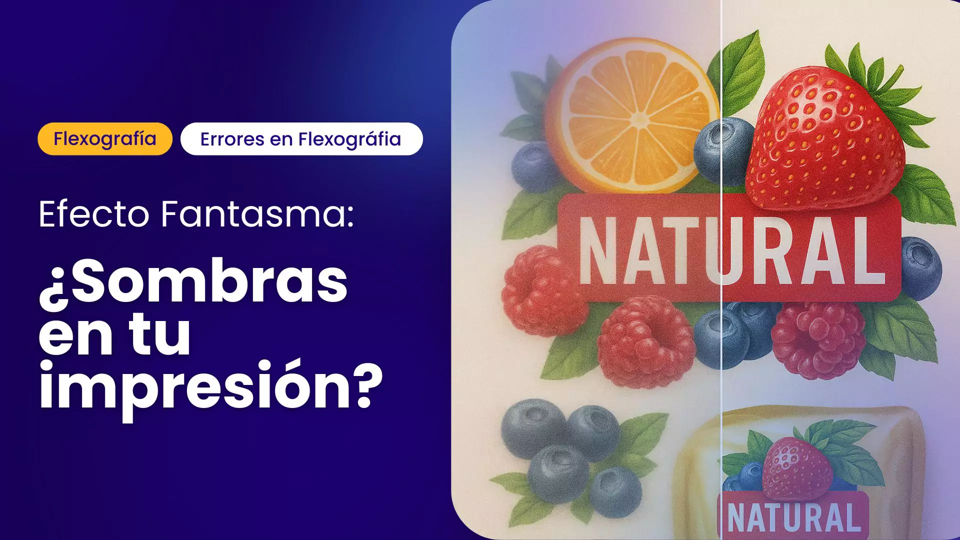 comparación de impresión con y sin efecto fantasma en diseño de frutas.