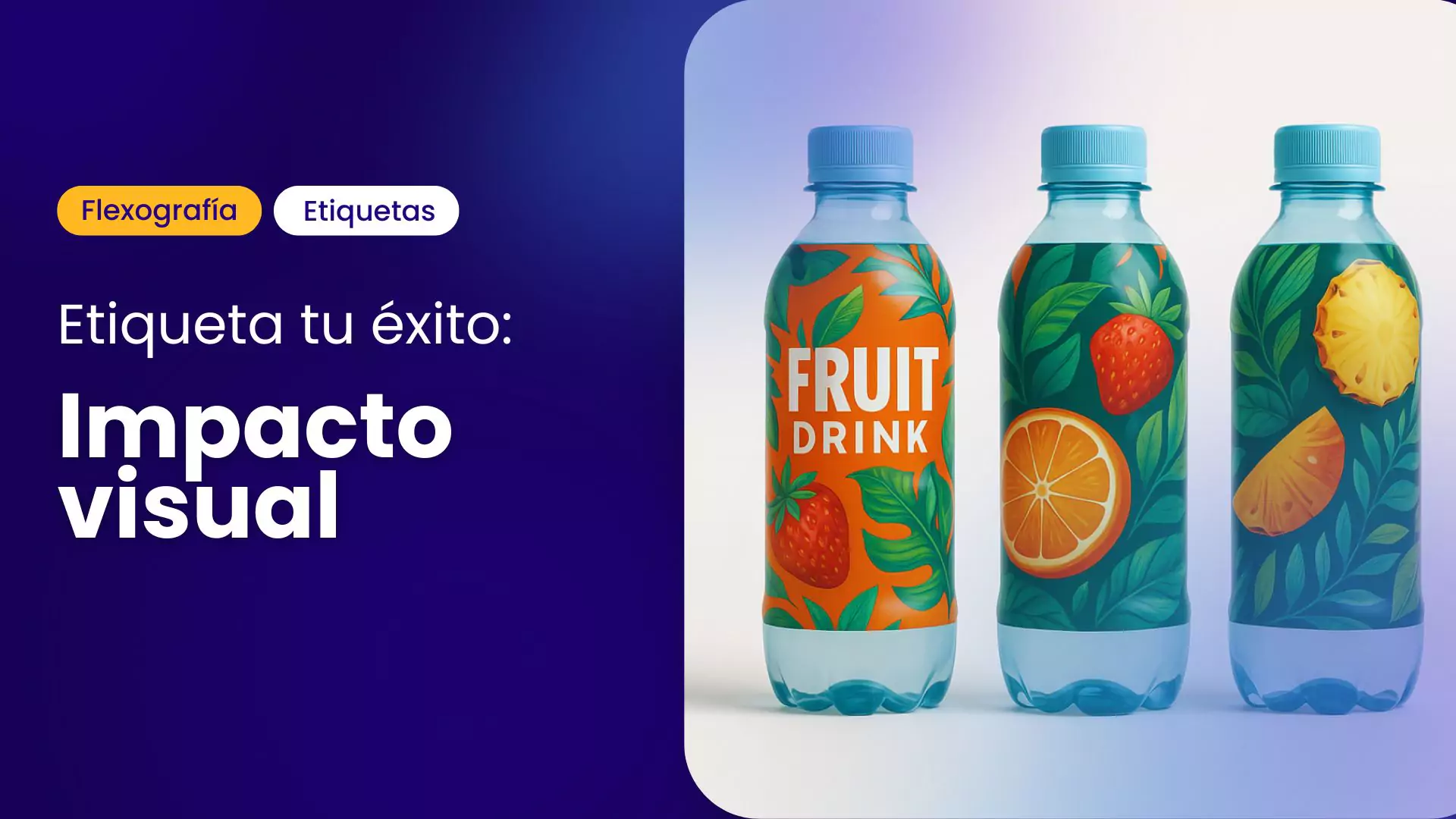 botellas con etiquetas coloridas de frutas impresas en flexografía