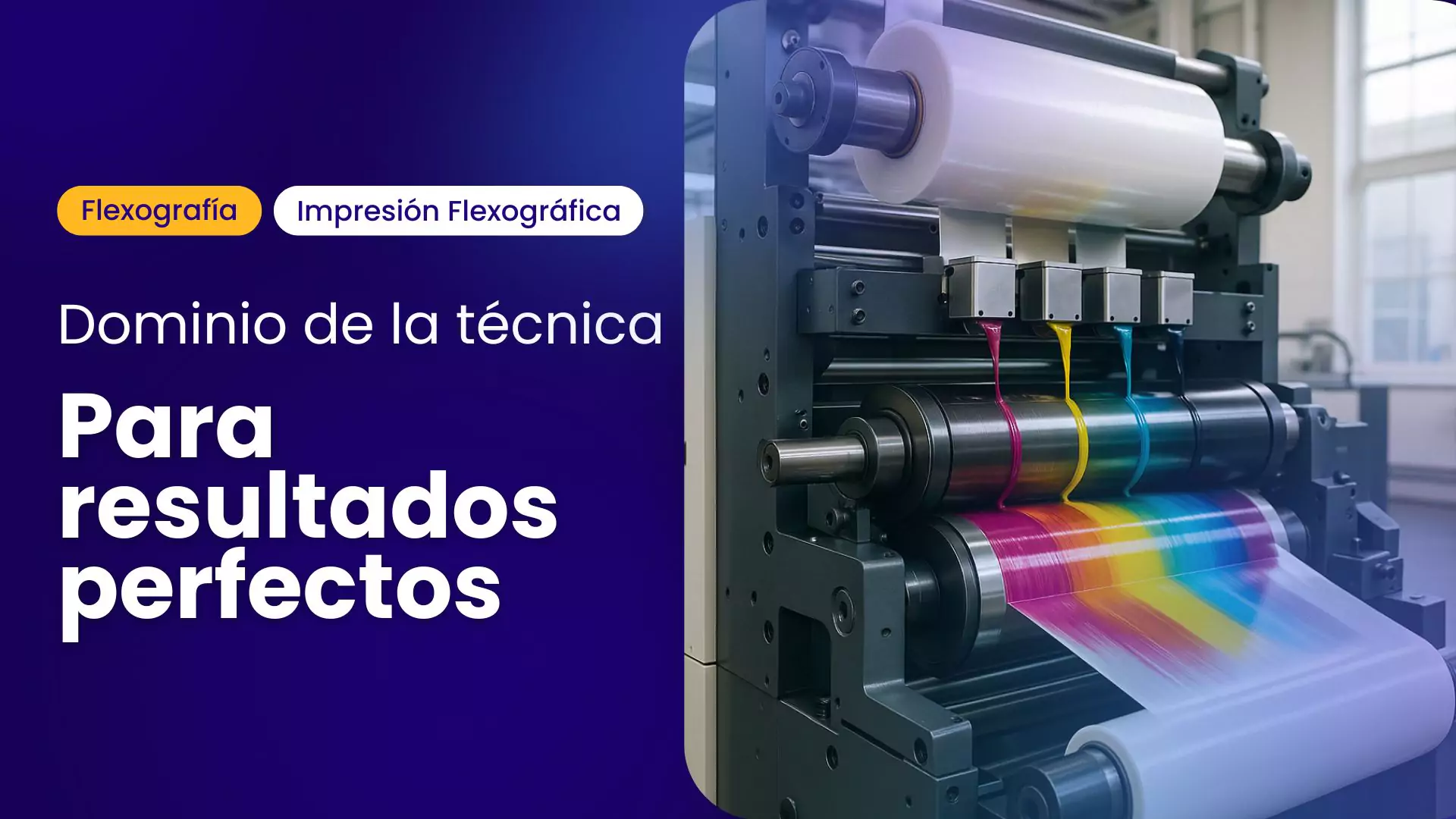 máquina de impresión flexográfica aplicando tintas de colores sobre film plástico