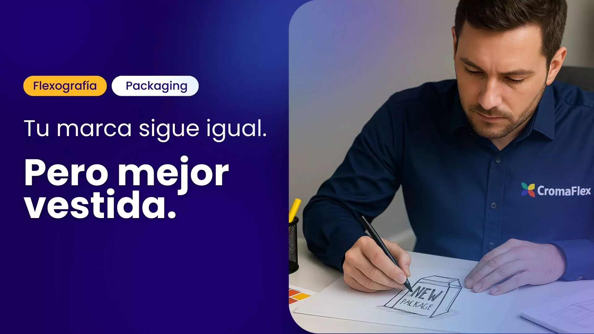 Diseñador bocetando nuevo empaque a mano con el logo de CromaFlex.