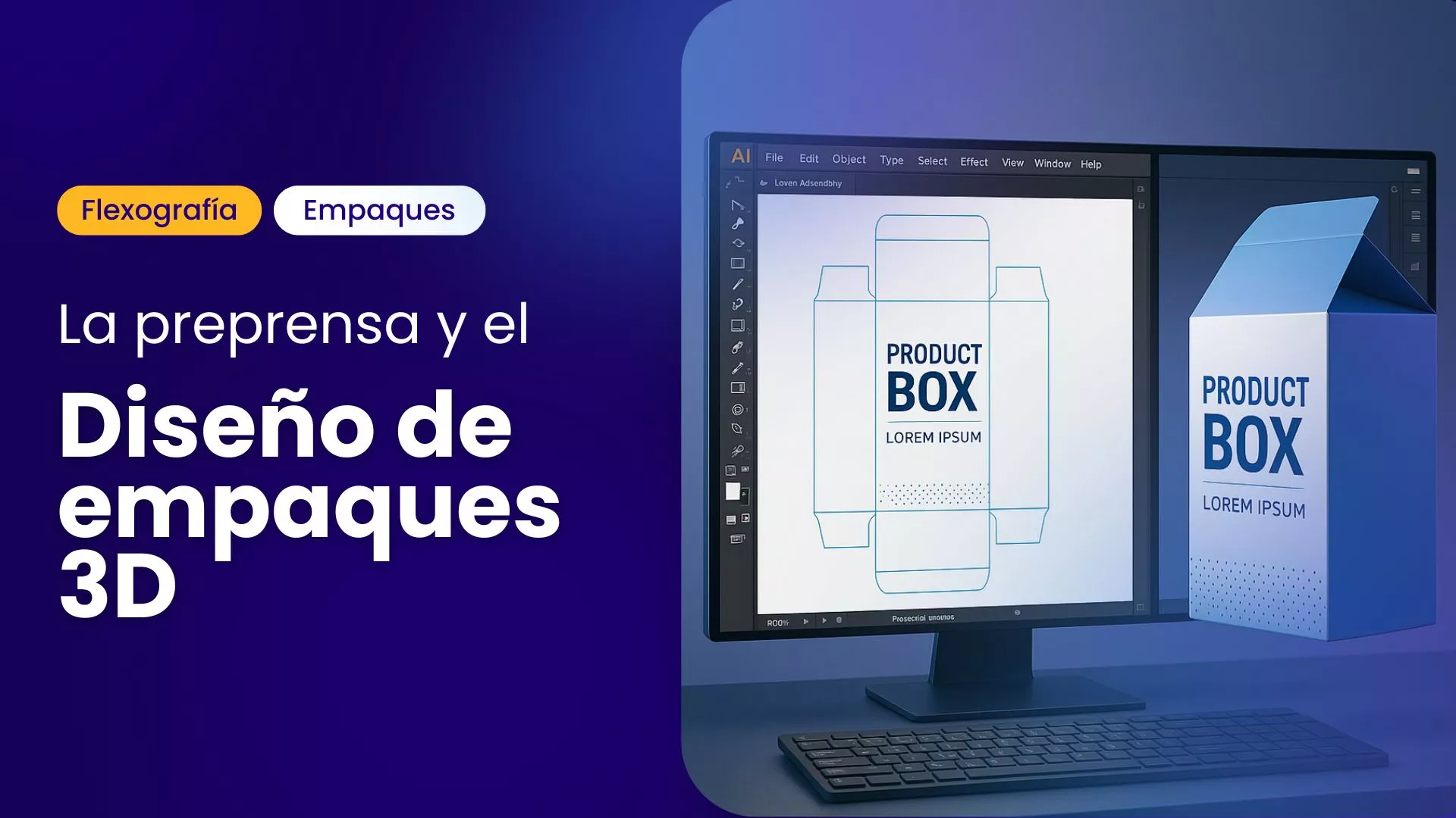 diseño de empaque 3D mostrado en pantalla con caja desplegada y render 3D