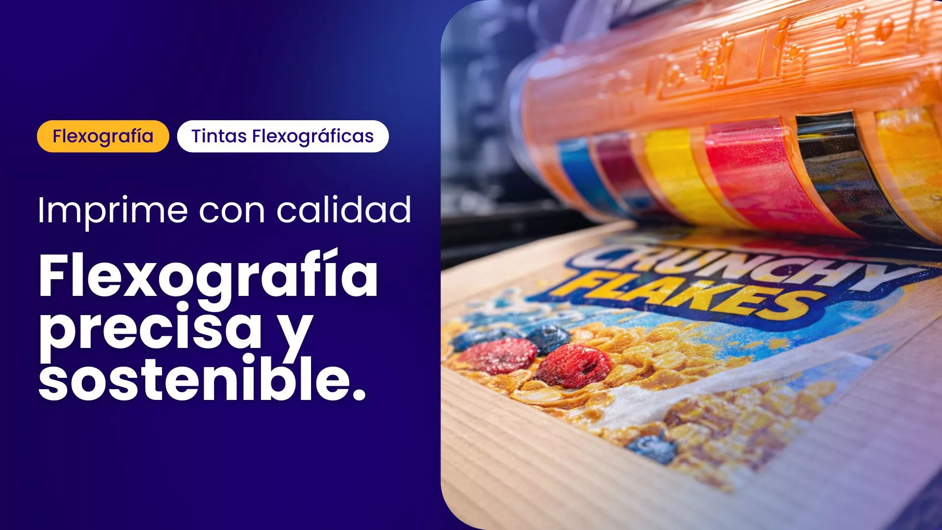 Máquina de impresión flexográfica Cromaflex aplicando tintas flexográficas de alta calidad para empaques de cereal 'Crunchy Flakes'. La imagen resalta la precisión de la flexografía para resultados vibrantes y sostenibles, clave en la preprensa.