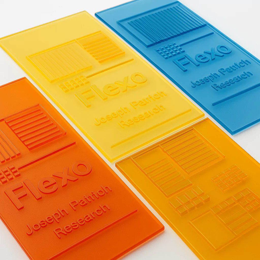 Cuatro placas de prueba para impresión flexográfica en colores brillantes (naranja, amarillo, ámbar y azul), dispuestas en diagonal sobre una superficie blanca. Cada placa muestra relieve con el texto “Flexo” y “Joseph Patton Research”, junto a varios patrones geométricos y líneas de prueba. Las placas están hechas de material translúcido, lo que permite ver los detalles grabados con claridad. La imagen transmite un enfoque técnico y experimental en impresión flexográfica.