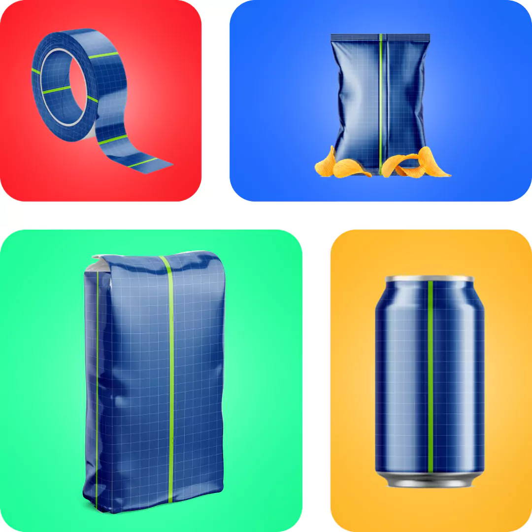 Cuatro objetos de empaque con textura de cuadrícula azul y una línea verde neón al centro, sobre fondos de colores vivos. En la parte superior izquierda, una cinta adhesiva sobre fondo rojo. A su lado, una bolsa de papas sobre fondo azul, con papas esparcidas al frente. Abajo, a la izquierda, un paquete flexible sobre fondo verde menta. Finalmente, en la parte inferior derecha, una lata de bebida sobre fondo naranja. Todos los objetos tienen un diseño limpio, moderno y estilizado, representando mockups para diseño de empaques.