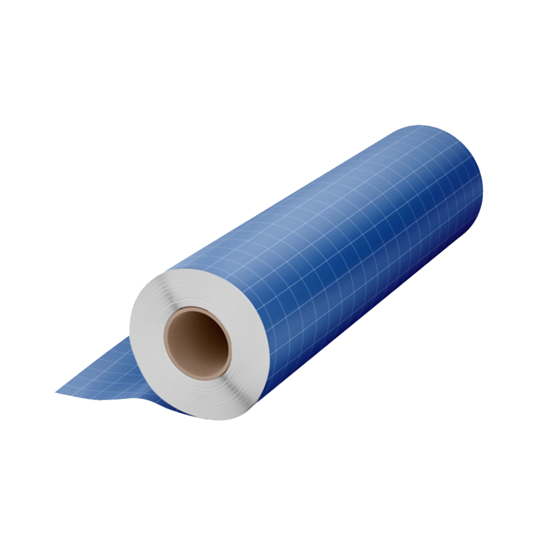 Un rollo de material flexible azul con patrón de cuadrícula blanca, parcialmente desenrollado. El cilindro tiene un centro hueco de cartón y está colocado en diagonal sobre un fondo transparente, con un extremo ligeramente desplegado hacia la izquierda. El diseño y la textura simulan una lámina plástica o papel técnico.