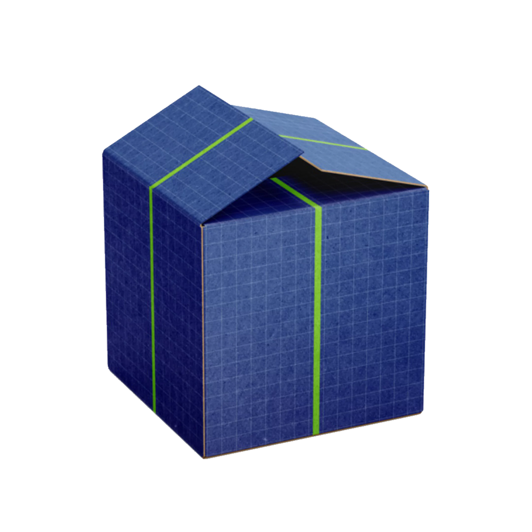 Una caja de cartón parcialmente abierta, cubierta con un patrón de cuadrícula azul oscuro. Dos franjas verdes verticales recorren los bordes visibles de la caja. Las solapas superiores están levantadas, revelando parcialmente el interior.