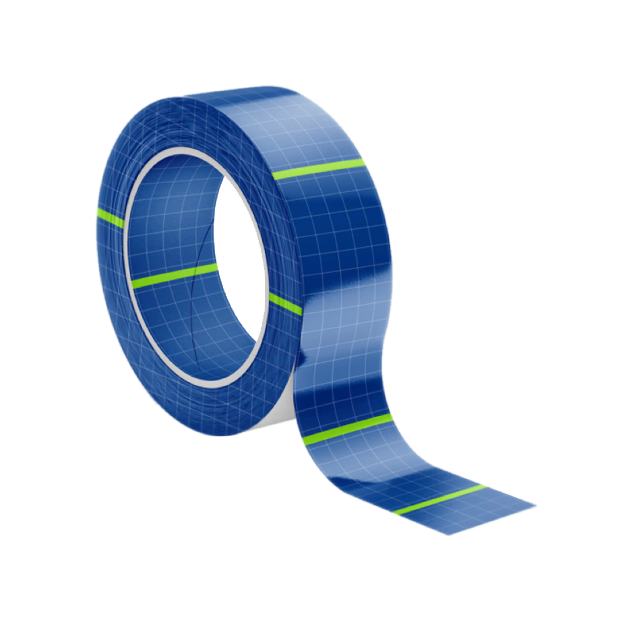 Un rollo de cinta adhesiva azul con patrón de cuadrícula blanca, desenrollado parcialmente hacia el frente. La cinta tiene una franja verde neón que corre horizontalmente por el centro. El rollo muestra una superficie brillante y translúcida.