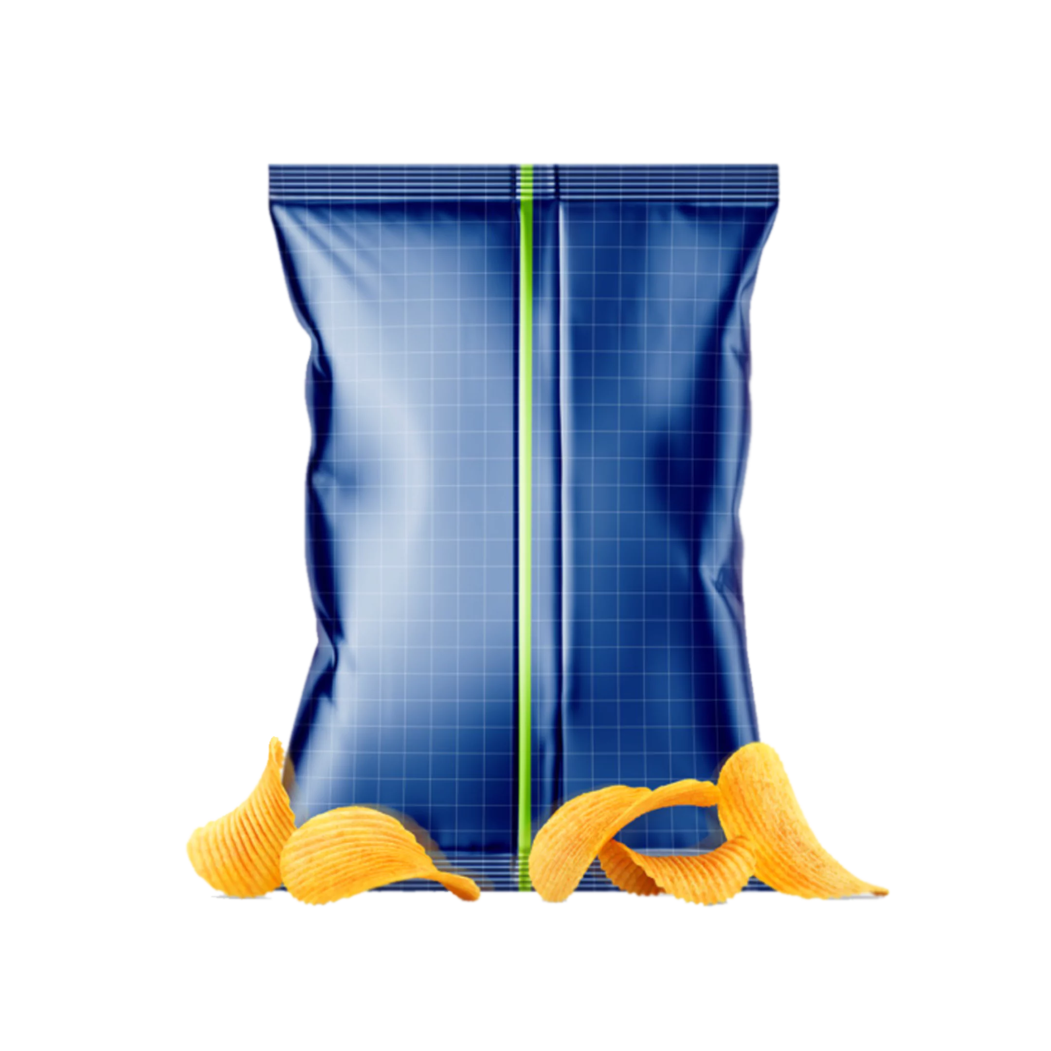 Bolsa plástica metalizada de color azul con diseño de cuadrícula, sello vertical en el centro marcado por una línea verde. El empaque está inflado, típico de productos tipo snack, y rodeado en la parte inferior por papas fritas onduladas, lo que sugiere su uso para contener alimentos crujientes como chips o botanas.