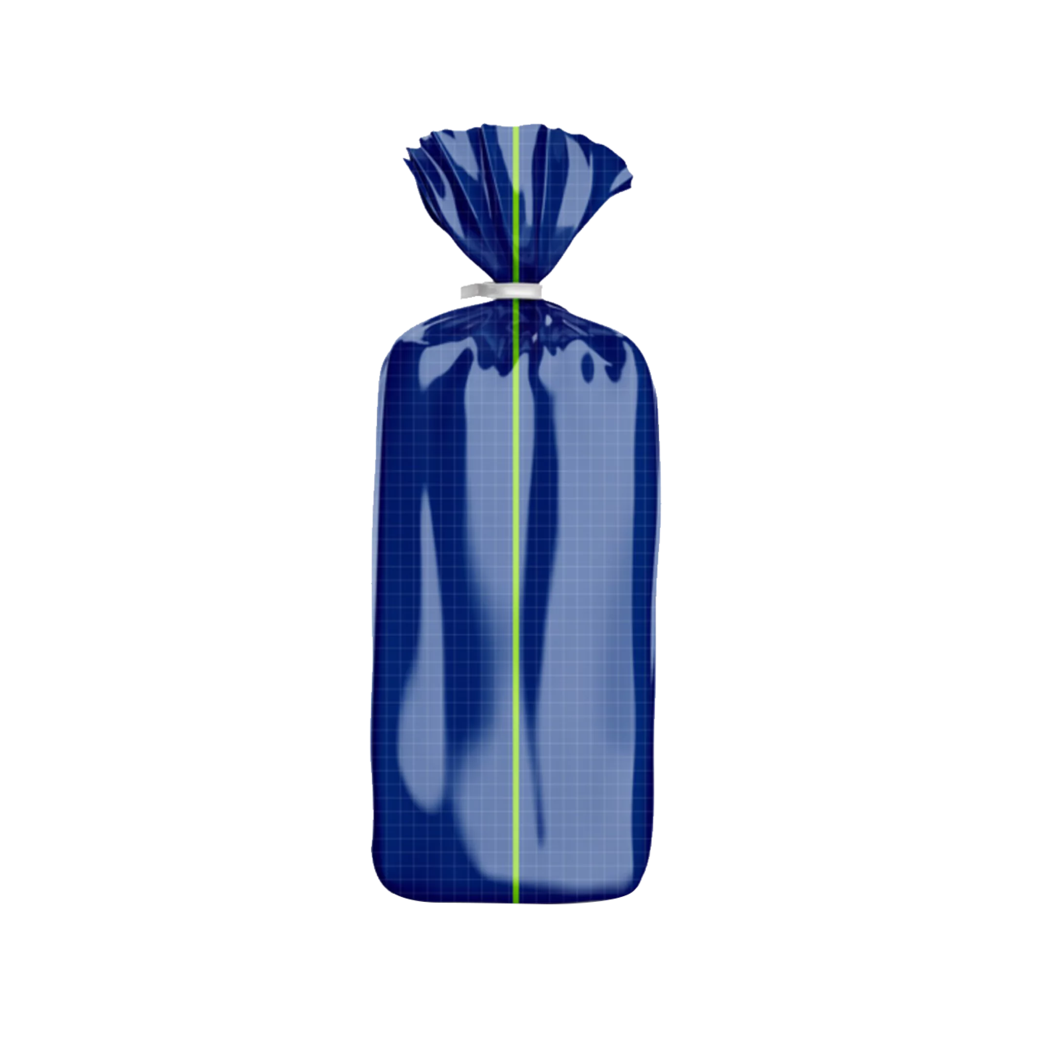 Una bolsa de plástico azul oscuro con un patrón de cuadrícula, atada en la parte superior con un nudo ajustado. Una línea verde brillante recorre verticalmente el centro de la bolsa.
