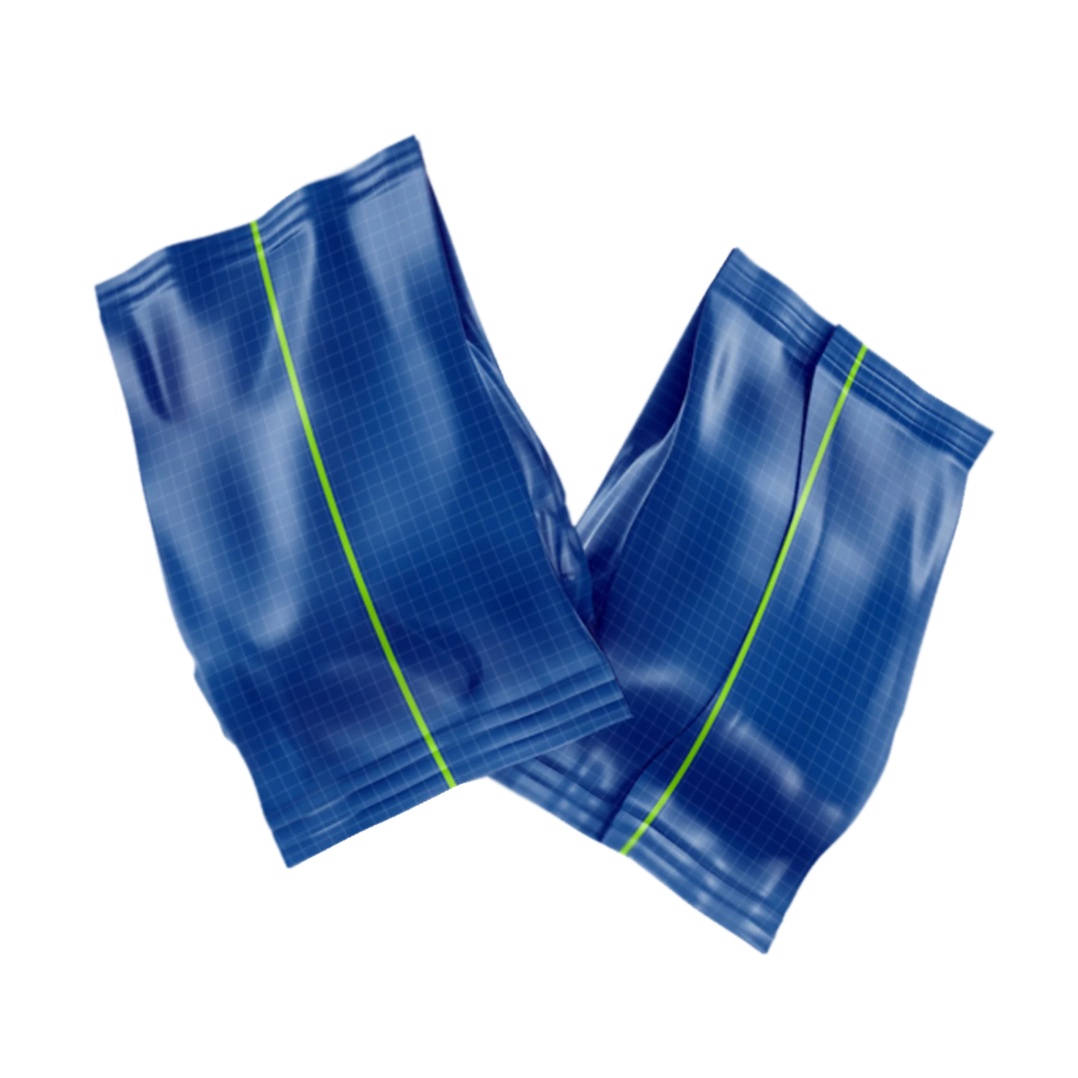 Dos empaques plásticos tipo almohada de color azul con patrón de cuadrícula blanca y línea verde vertical al centro. Están dispuestos en posición cruzada y ligeramente arrugados, simulando empaques de productos como snacks, cereales o golosinas.