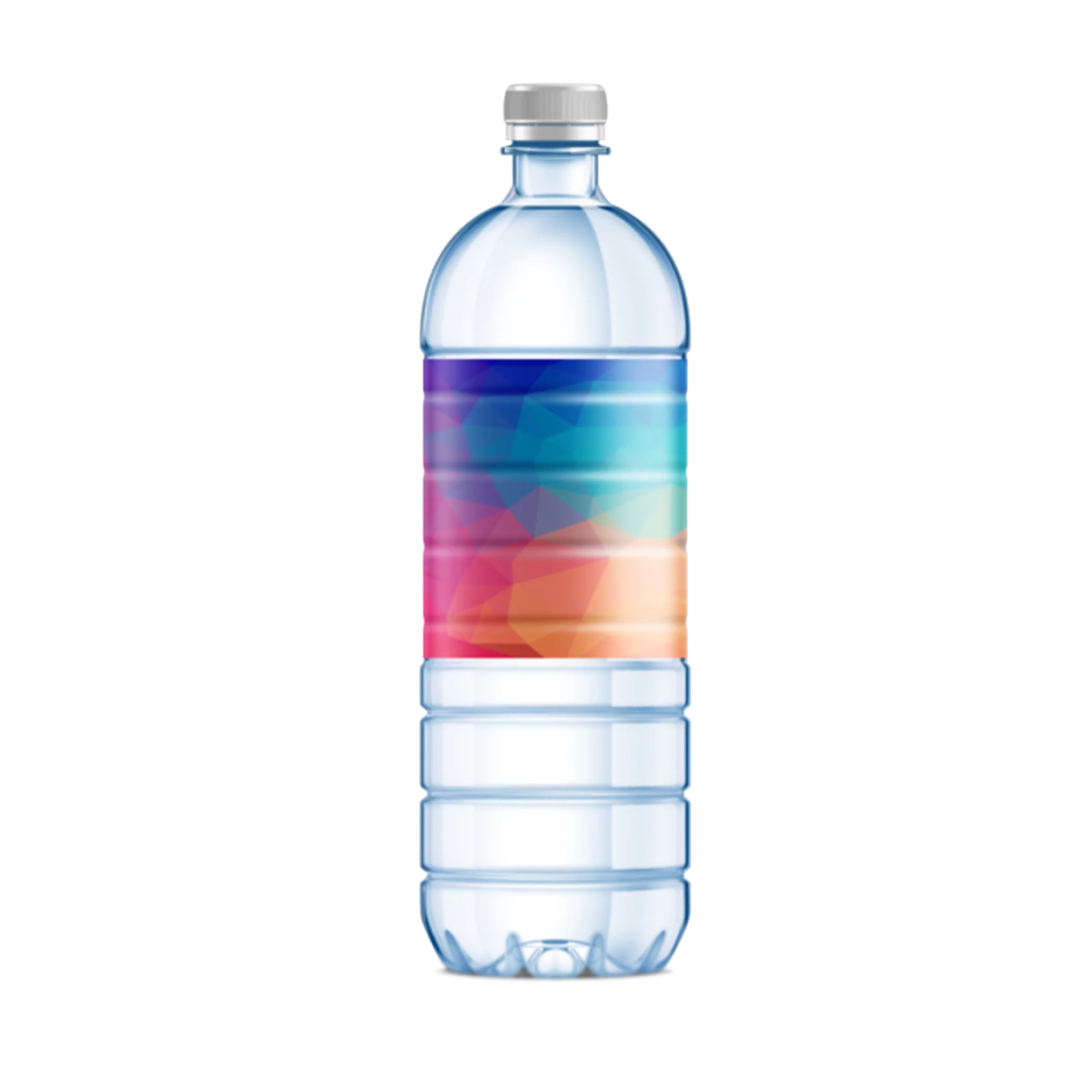 Botella plástica transparente con tapa gris, funda termencogible de diseño colorido con tonos degradados del azul al naranja. El cuerpo de la botella presenta un diseño ergonómico con anillos para mejor agarre. Comúnmente utilizada para envasado de agua u otras bebidas.