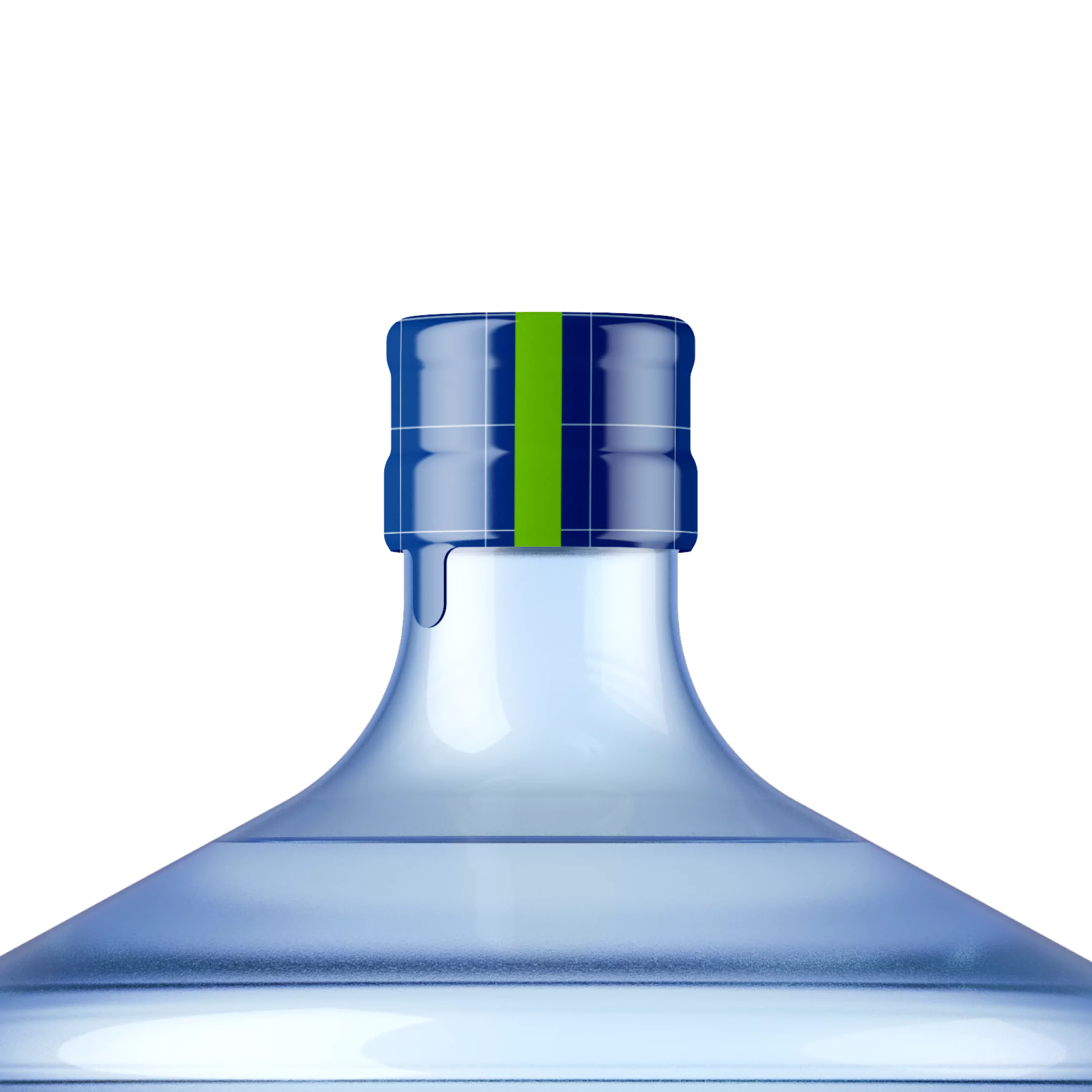 Parte superior de un garrafón de agua con tapa azul oscuro que tiene un diseño de cuadrícula y una franja vertical verde brillante en el centro.