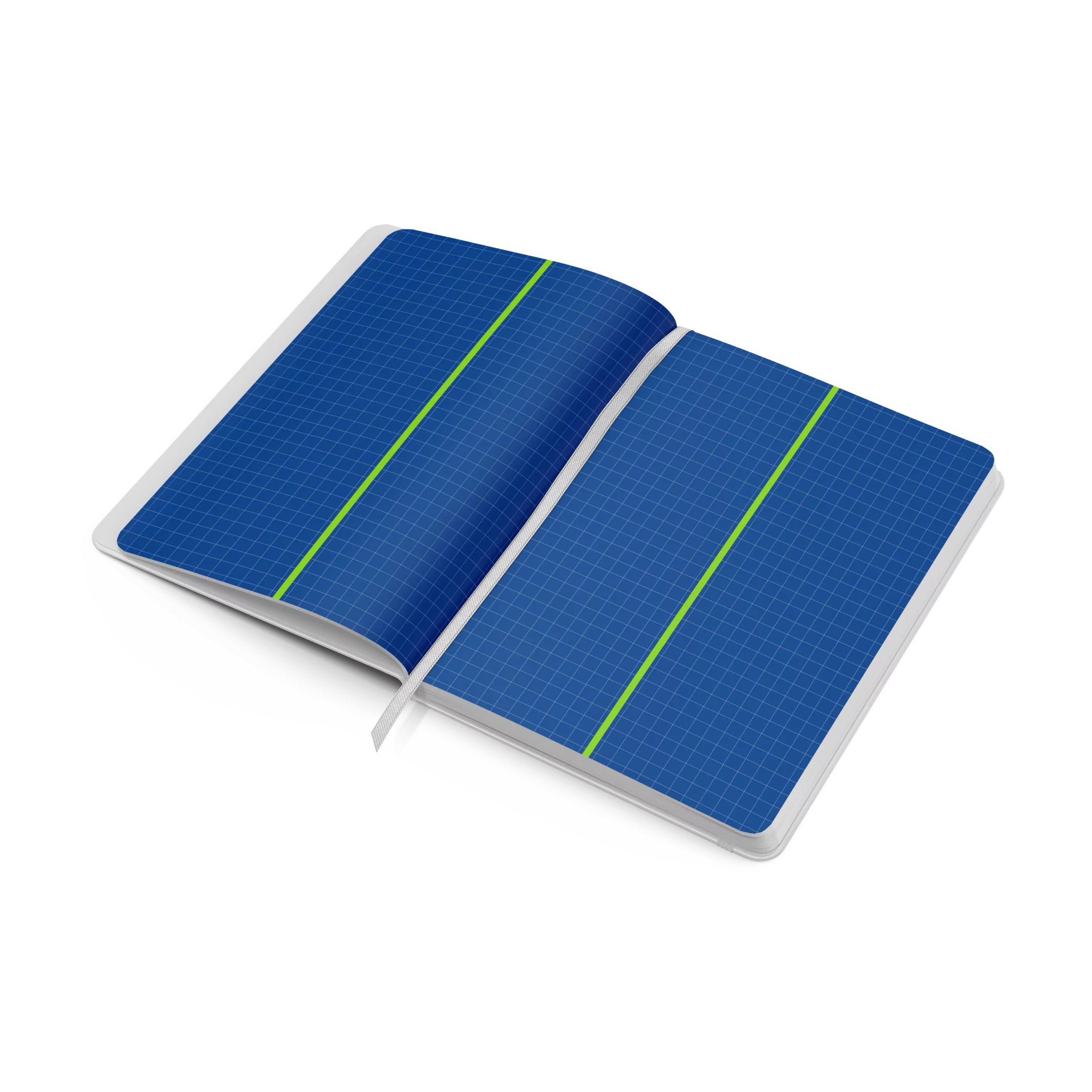 Cuaderno abierto con páginas de color azul oscuro que tienen un patrón de cuadrícula y una línea vertical verde brillante en el centro de cada página. Incluye una cinta blanca marcadora.