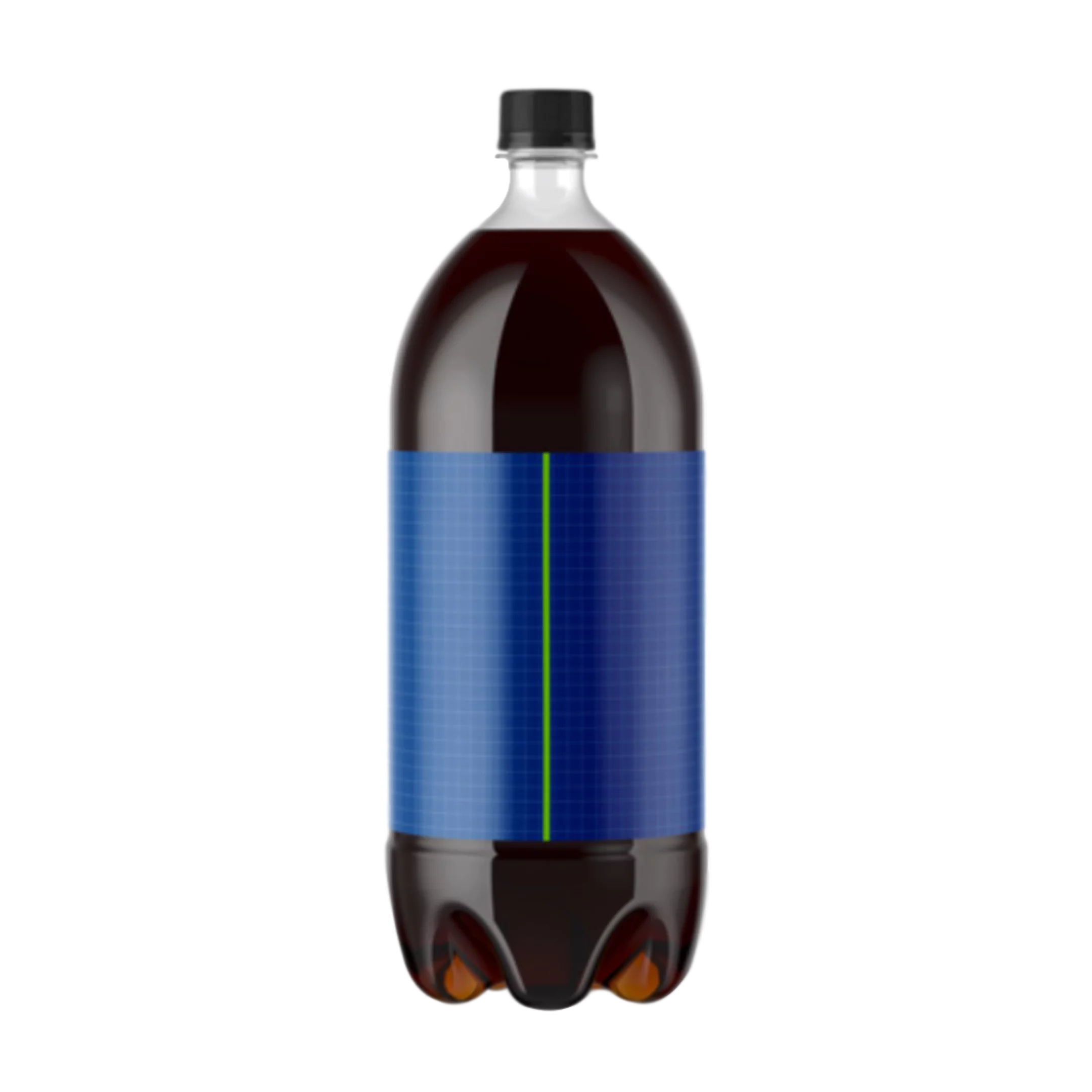 Botella de plástico color ámbar con tapa negra y etiqueta envolvente de color azul con diseño de cuadrícula y una línea verde vertical en el centro. El envase, típicamente utilizado para bebidas gaseosas o líquidos, destaca por su forma robusta y base reforzada para mayor estabilidad.