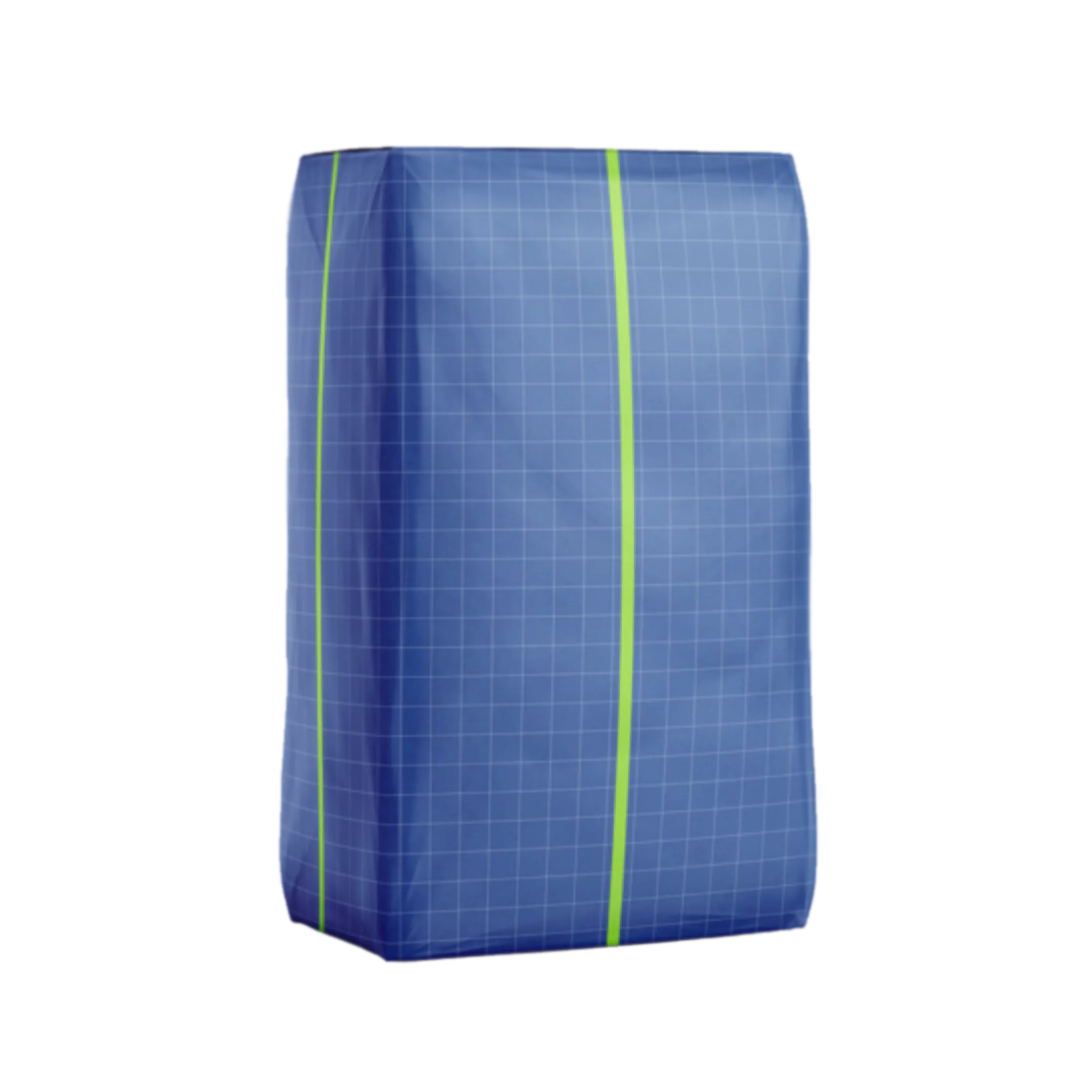 Un paquete rectangular de empaque flexible en color azul, con patrón de cuadrícula blanca y dos líneas verticales verdes (una en el frente y otra en el lateral). El paquete tiene forma de bloque, con bordes marcados y apariencia acolchonada, simulando un material plástico.