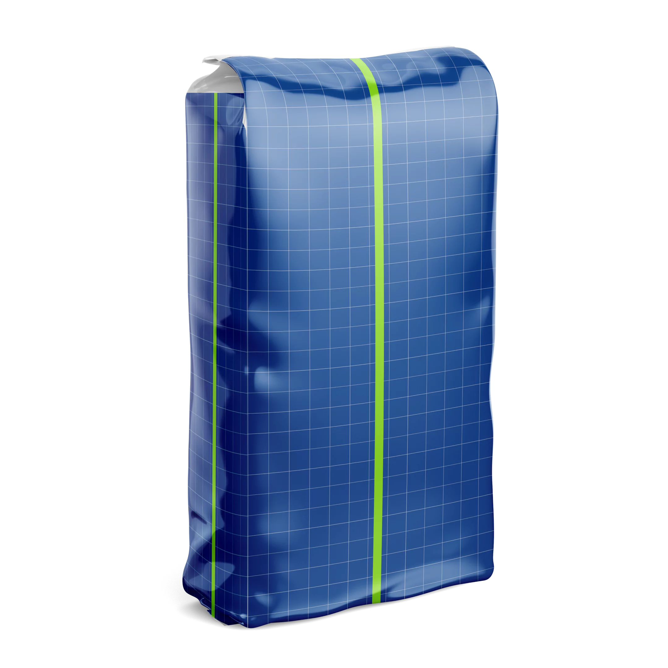 Saco valvulado plástico de color azul con acabado brillante y líneas de cuadrícula visibles. El empaque tiene una válvula de llenado en la parte superior izquierda y una franja vertical verde en el frente y el lateral, utilizada como guía o referencia técnica. Este tipo de empaque es común en la industria para productos granulados o en polvo, como alimentos para animales, fertilizantes o materiales de construcción. El fondo de la imagen es transparente.
