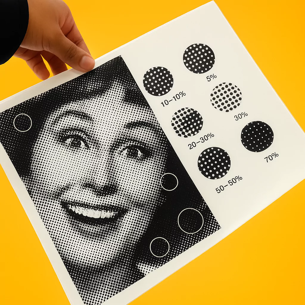 Mano sosteniendo una hoja con una imagen en blanco y negro de una mujer sonriente, creada con un patrón de puntos estilo tramado o “halftone”. A la derecha de la imagen, se muestran círculos con distintas densidades de puntos acompañados de porcentajes (del 5% al 70%), que ilustran cómo varía la cobertura tonal en este tipo de impresión. El fondo es de color amarillo vibrante, generando un contraste fuerte y llamativo.