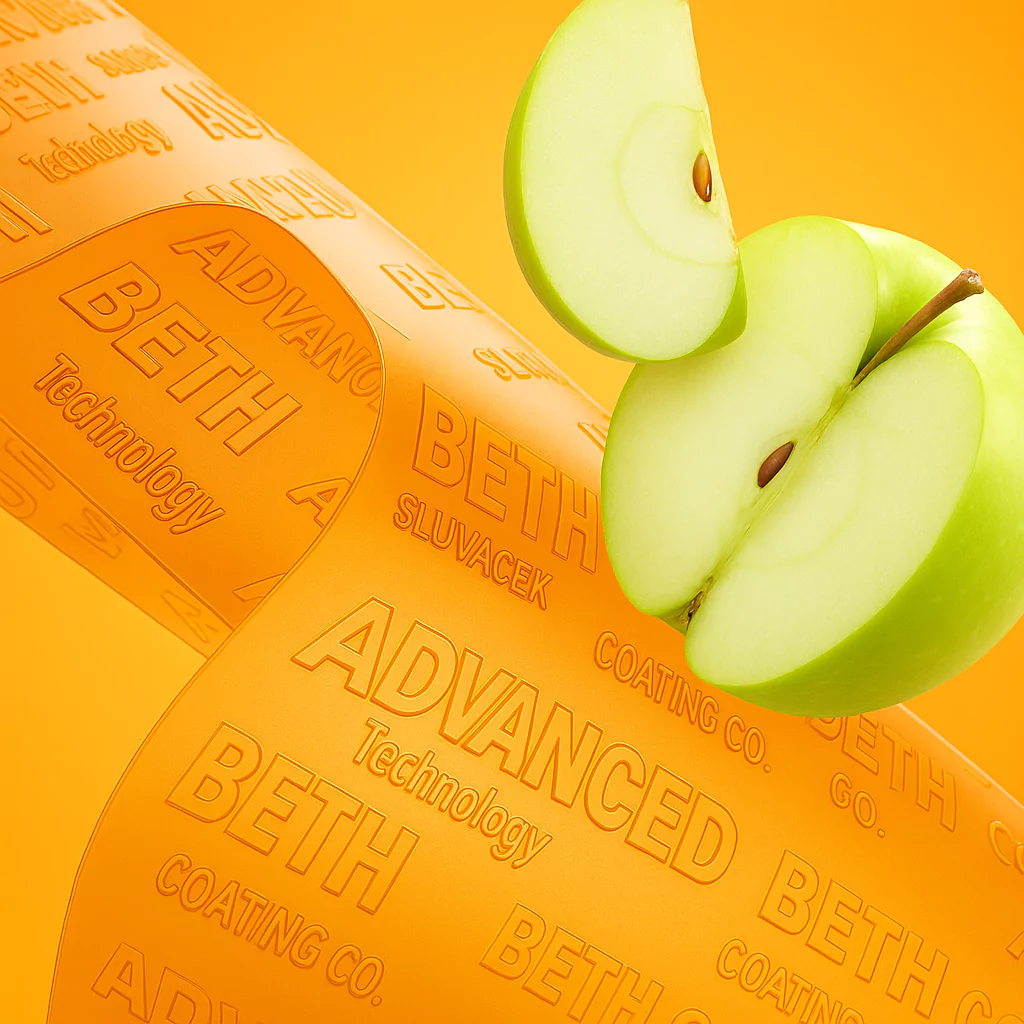 Clisé cilíndrico naranja con letras en relieve que dicen “BETH,” “ADVANCED Technology,” y “COATING CO.”, entre otras. Está acompañado por una manzana verde cortada, todo sobre un fondo amarillo vibrante que realza el contraste entre los elementos.