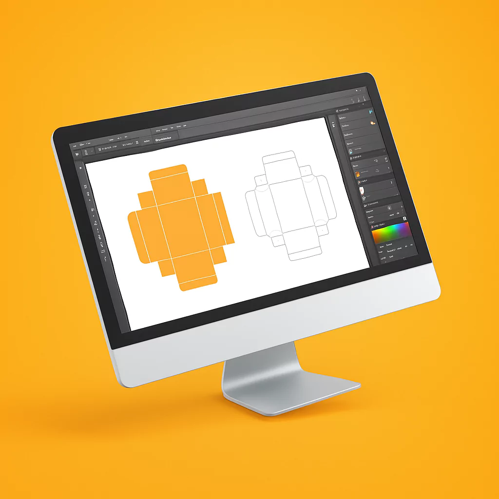 Pantalla de computadora iMac mostrando un programa de diseño gráfico con dos patrones de troquelado para empaques. A la izquierda, se ve un diseño en color naranja con líneas blancas que representan los pliegues; a la derecha, una versión en líneas negras sin color de fondo. El fondo general de la imagen es de un vibrante color amarillo, lo que genera una atmósfera creativa y moderna.