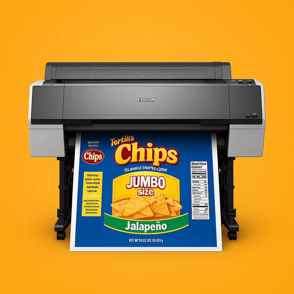 Impresora Epson de gran formato imprimiendo una etiqueta de empaque para chips de tortilla sabor jalapeño. El diseño es colorido, predominando el azul con textos en amarillo, rojo y blanco. En el centro se lee "Chips JUMBO size Jalapeño" con una imagen de los chips. A la derecha se muestra una tabla de información nutricional. Todo sobre un fondo amarillo intenso que destaca la presentación del diseño de empaque.