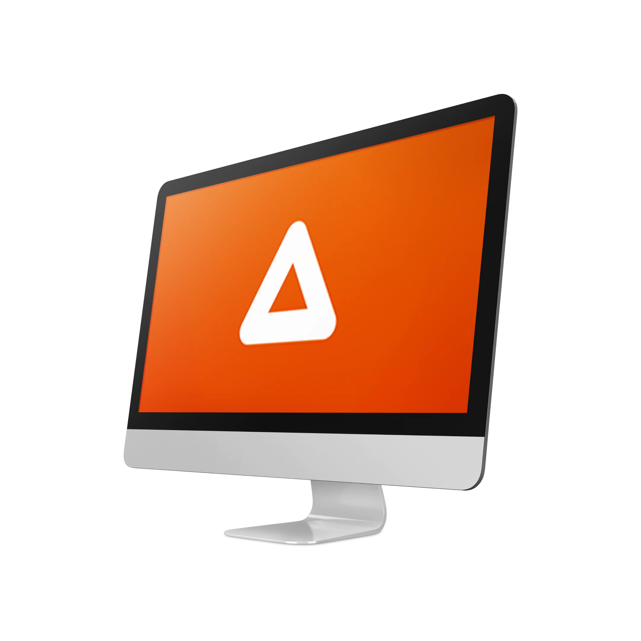Computadora de escritorio con pantalla encendida mostrando el logotipo de Eagle RIP: un triángulo blanco con bordes redondeados y un centro recortado, sobre un fondo naranja degradado.