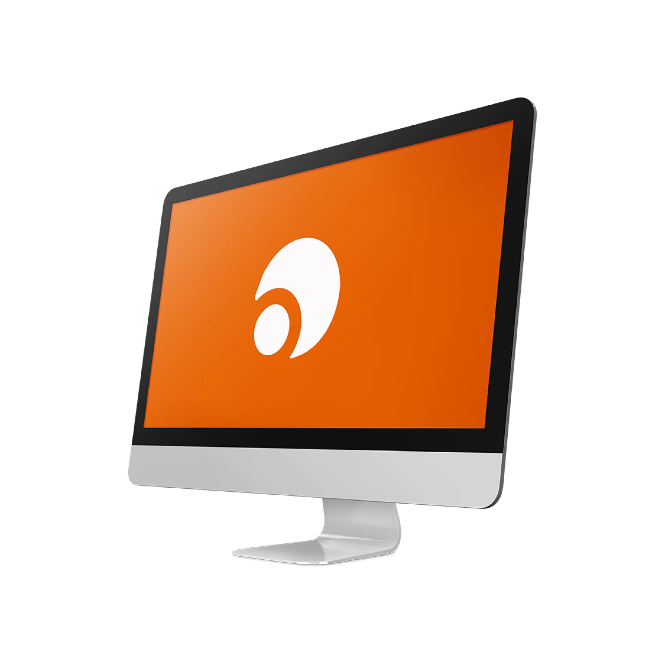 Computadora de escritorio con pantalla encendida mostrando el logotipo de Esko Deskpack: un fondo completamente naranja con un ícono blanco abstracto en el centro que representa el logotipo de la aplicación.