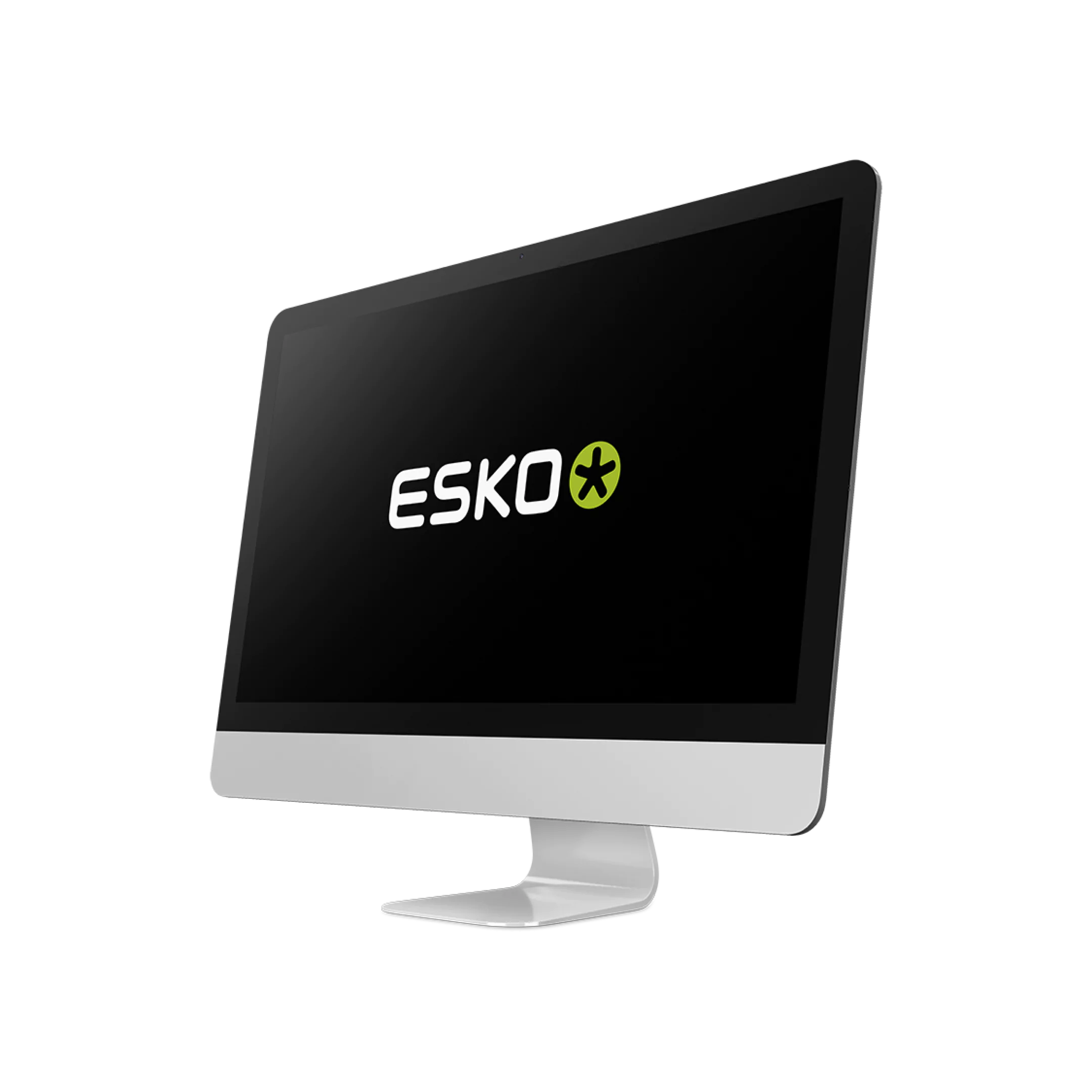 Computadora de escritorio con pantalla encendida mostrando un fondo negro y el logotipo de la marca “ESKO” en letras blancas, acompañado de un símbolo en forma de asterisco dentro de un círculo verde.