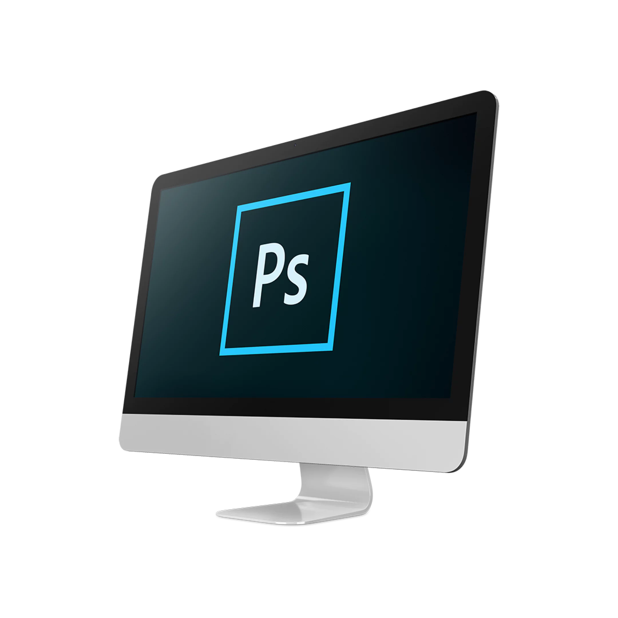 Computadora de escritorio con pantalla encendida mostrando el logotipo de Adobe Photoshop: un recuadro azul con las letras “Ps” en el centro sobre un fondo oscuro con un degradado azul.
