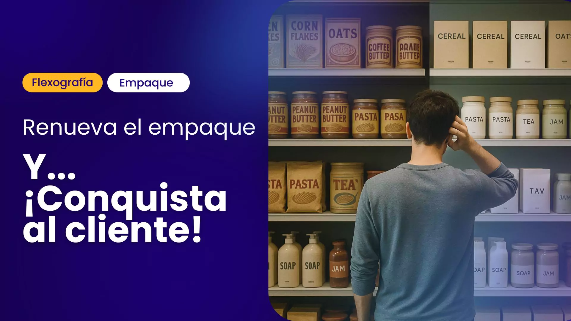hombre observando estantería con empaques de productos alimenticios variados